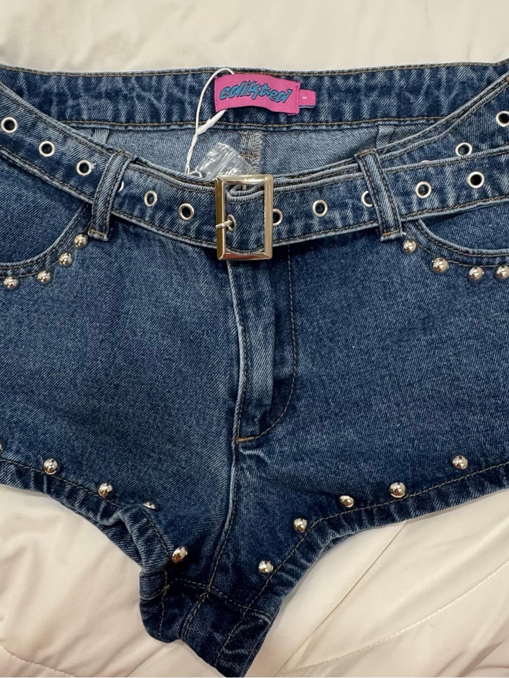 Edikted Dark Blue Denim Studded Jean Shorts with Grommet Belt